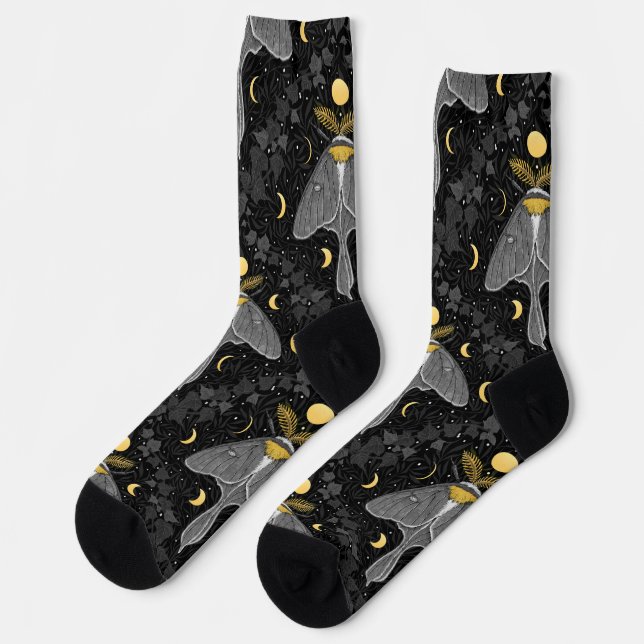 Luna moth, moon phases and ivy damask pattern socks (Left)