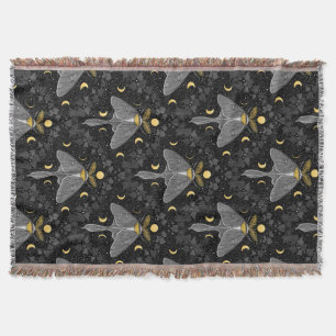 Luna moth, moon phases and ivy damask pattern throw blanket
