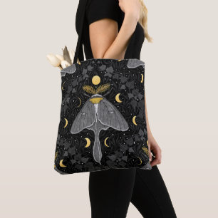 Luna moth, moon phases and ivy damask pattern tote bag