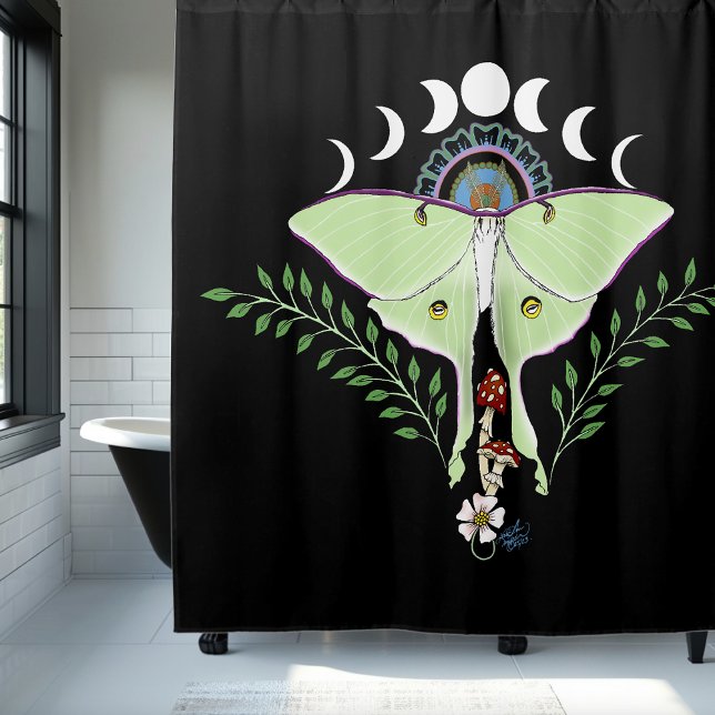 Luna Moth Moon Phases Black Shower Curtain (Creator Uploaded)