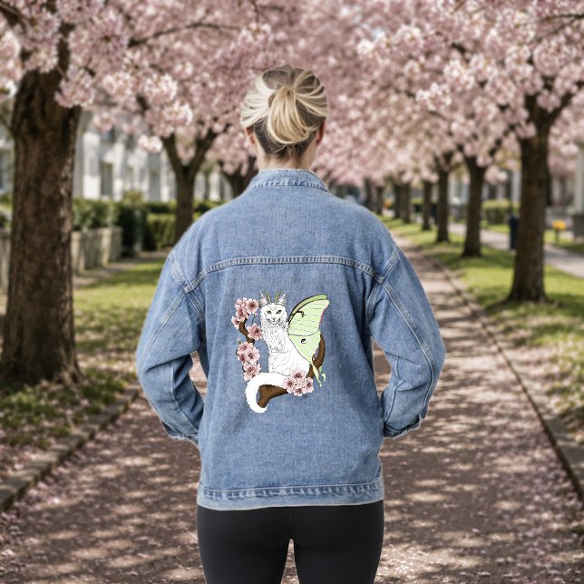 Luna Moth Moon White Cat Green Denim Jacket (Creator Uploaded)