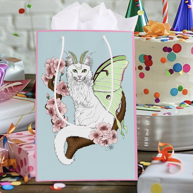 Luna Moth Moon White Cat Green Medium Gift Bag (Creator Uploaded)