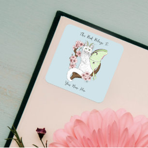 Luna Moth Moon White Cat Green Square Sticker