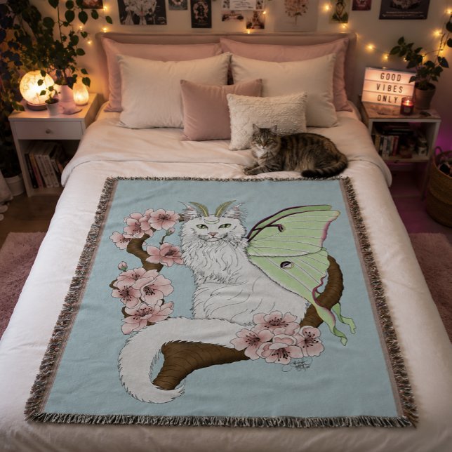 Luna Moth Moon White Cat Green Throw Blanket (Creator Uploaded)