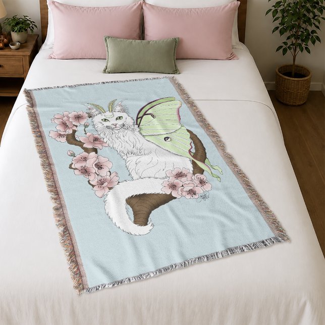 Luna Moth Moon White Cat Green Throw Blanket (Creator Uploaded)