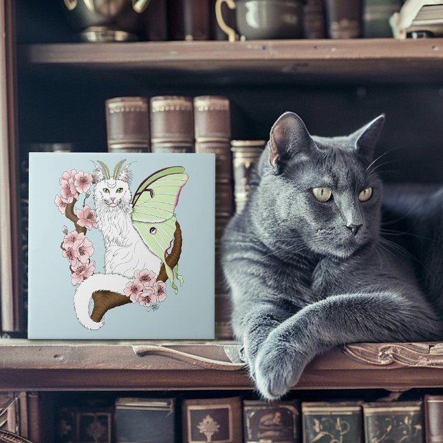 Luna Moth Moon White Cat Green Tile (Creator Uploaded)