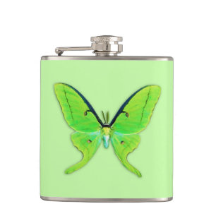 Luna moth on a pale green background hip flask