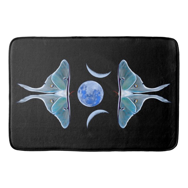 Luna Moth Triple Moon on Black Bath Mat (Front)