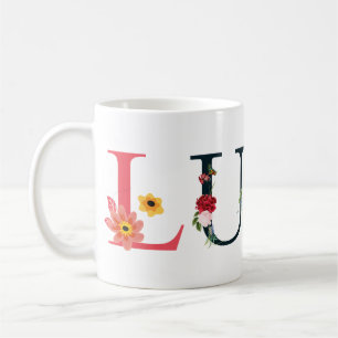 LUNA Name Art With Flowers Embroidered Coffee Mug