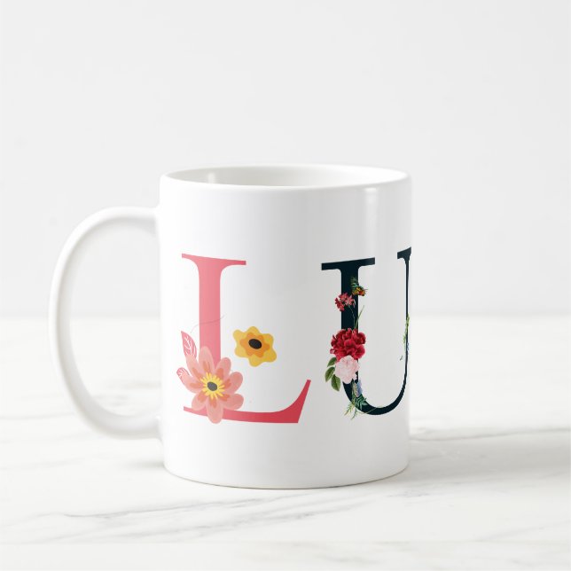 LUNA Name Art With Flowers Embroidered Coffee Mug (Left)