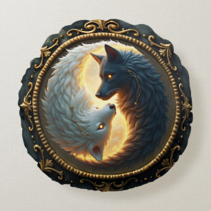 Lunar Balance – Where Shadows Embrace the Light.  Round Cushion