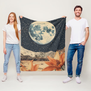 Lunar Bloom Over Sandy Peaks Fleece Blanket