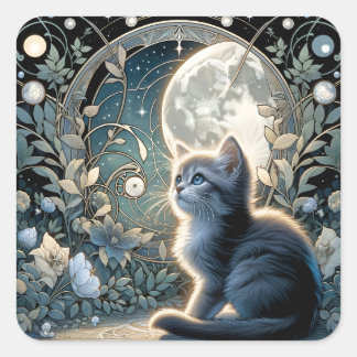 Lunar Blossom Art Nouveau Kitten Square Sticker