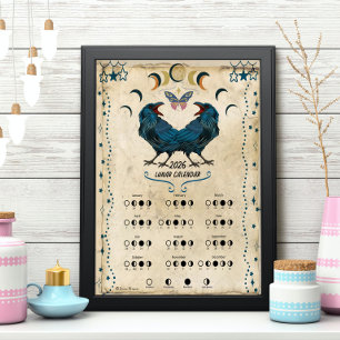 LUNAR CALENDAR 2026,  Crow Moon, Wicca Witch Moon Poster
