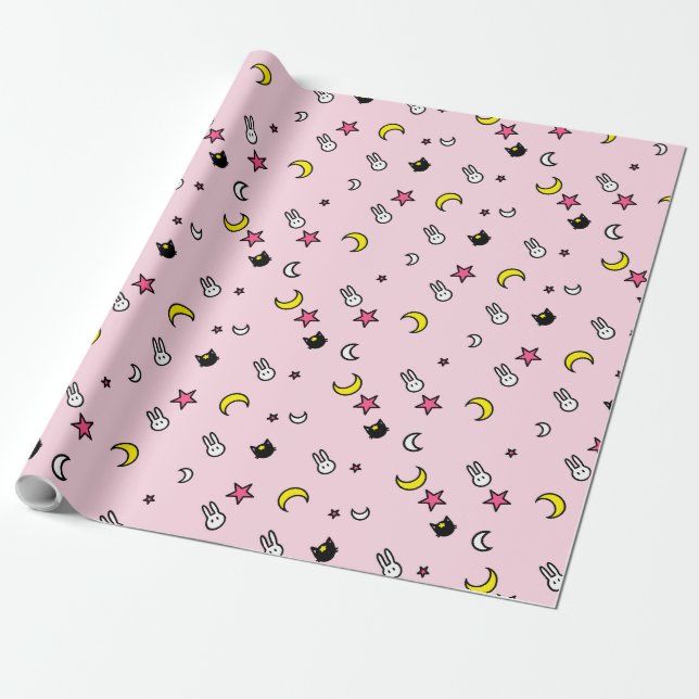 Lunar Cat Bunny Stars Wrapping Paper (Unrolled)