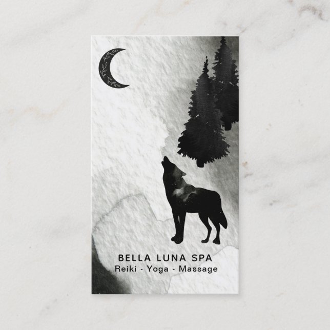 *~* Lunar Cosmic Moon Howling Wolf Pine Trees Business Card (Front)