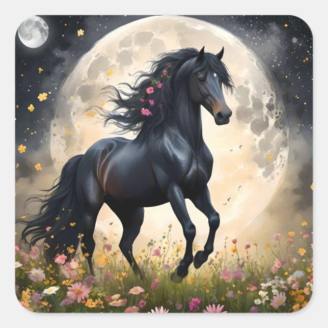Lunar Elegance: Black Fantasy Horse with Moon  Square Sticker (Front)