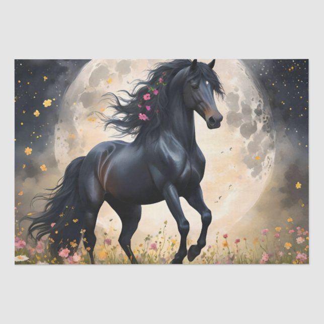 Lunar Elegance: Black Fantasy Horse with Moon  Tissue Paper (Front)