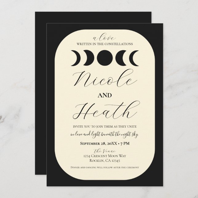 Lunar Luxe Black & Cream Moon Phase Wedding  Invitation (Front/Back)