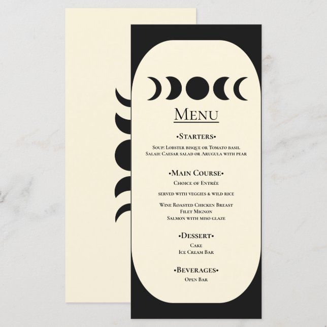 Lunar Luxe Black & Cream Moon Phase Wedding  Menu (Front/Back)