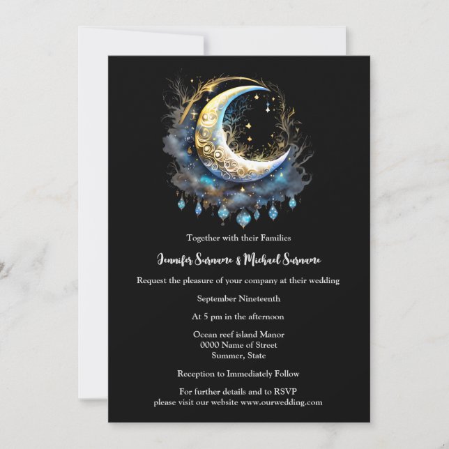 Lunar moon black blue starry night elegant invitation (Front)