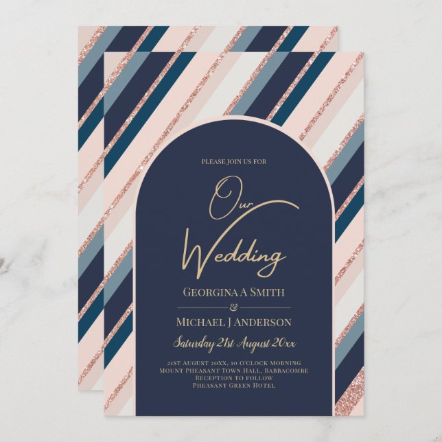Lunar Navy Blue Blush Pink Rose Gold Wedding Invitation (Front/Back)