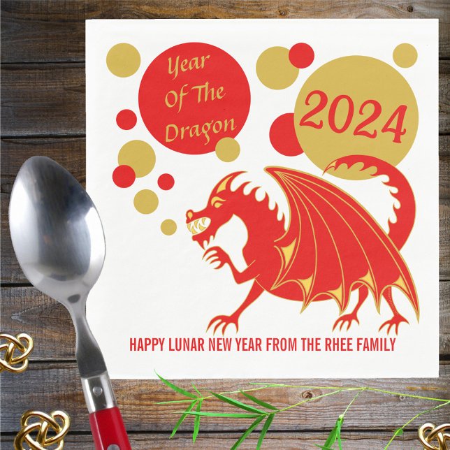 Lunar New Year 2024 Red Dragon Red And Gold Party Napkin (Creator Uploaded)