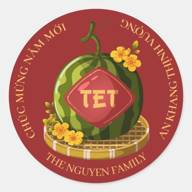 Lunar New Year Vietnamese Tet Lucky Watermelon Classic Round Sticker (Front)