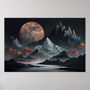 Lunar Rise Over Alien Peaks – Surreal Mountain Poster
