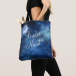 Lunar Sky Full Moon Celestial Galaxy Bridesmaid Tote Bag<br><div class="desc">Lunar Sky Full Moon Celestial Galaxy Watercolor Design, with Night Shining Stars, and Glowing Moon Design on a luxurious Navy Blue, Pale Blue, and hints of purple watercolor texture. With Modern Typography Script Fonts. A trendy style design - Personalised Bridesmaid Tote Bags! ~ Check my shop to see the entire...</div>