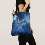 Lunar Sky Full Moon Celestial Galaxy Flower Girl Tote Bag<br><div class="desc">Lunar Sky Full Moon Celestial Galaxy Watercolor Design, with Night Shining Stars, and Glowing Moon Design on a luxurious Navy Blue, Pale Blue, and hints of purple watercolor texture. With Modern Typography Script Fonts. A trendy style design - Personalised Flower Girl Tote Bags! ~ Check my shop to see the...</div>