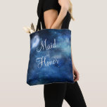 Lunar Sky Full Moon Celestial Galaxy Maid of Honou Tote Bag<br><div class="desc">Lunar Sky Full Moon Celestial Galaxy Watercolor Design, with Night Shining Stars, and Glowing Moon Design on a luxurious Navy Blue, Pale Blue, and hints of purple watercolor texture. With Modern Typography Script Fonts. A trendy style design - Personalised Maid of Honour Tote Bags! ~ Check my shop to see...</div>