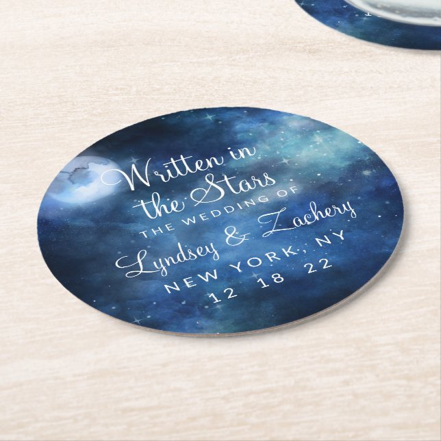 Lunar Sky Full Moon Celestial Galaxy Monogram Round Paper Coaster (Angled)