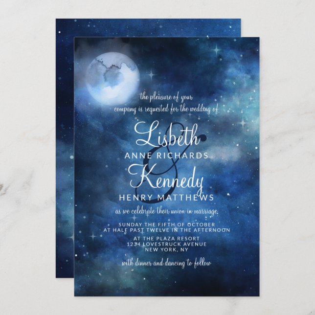 Lunar Sky Full Moon Celestial Galaxy Stars Wedding Invitation (Front/Back)