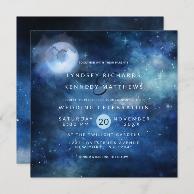 Lunar Sky Full Moon Celestial Stars Wedding Square Invitation (Front/Back)