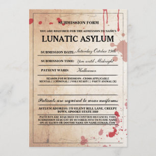 Lunatic Asylum Form Halloween Party Invite