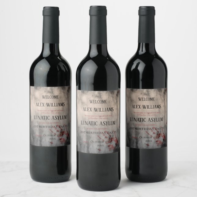 Lunatic Asylum Halloween Birthday Wine Label (Bottles)