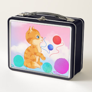 Lunch Box with white clouds pink, blue,