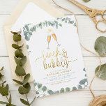 Lunch & Bubbly Eucalyptus Greenery Bridal Shower Invitation<br><div class="desc">Create the perfect bridal luncheon invite with this easy-to-use template. This stylish design features a wreath of hand-painted watercolor eucalyptus leaves, an illustration of two champagne glasses, "lunch & bubbly" in faux gold script lettering, and your party details in modern typography. Click on "Personalize" to change the wording. Easy to...</div>