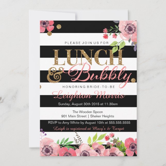 Lunch & Bubbly Glitter Black White Bridal Shower Invitation (Front)