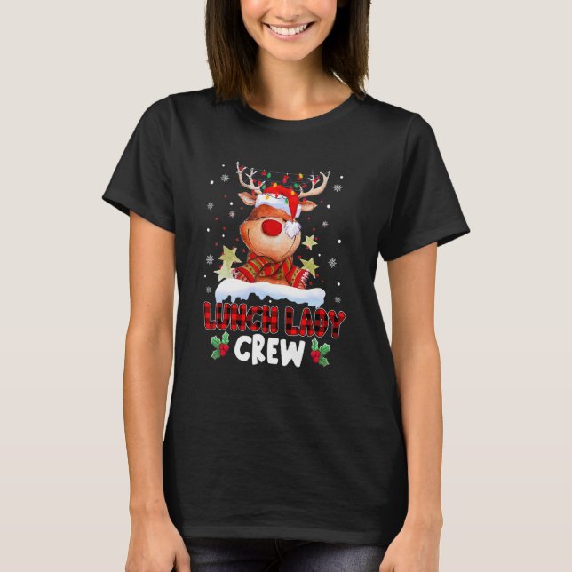 Lunch Lady Crew Reindeer Plaid Santa Hat Christmas T-Shirt (Front)