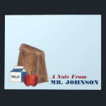 Lunch Lady or Teacher Gift Brown Bag Apple Milk Notepad<br><div class="desc">Notepad features an original illustration of a brown bag lunch with an apple and carton of milk. Simply personalise with the name of your favourite teacher for a one-of-a-kind gift!

Don't see what you're looking for? Need help with customisation? Contact Rebecca to have something designed just for you.</div>