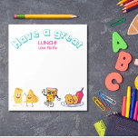 Lunch time love for kids personalised food cartoon notepad<br><div class="desc">Lunch time love for kids personalised food cartoon Notepad Use this notepad for a perfect note for your child's (or wife, husband, etc) lunch box each day. Personalise with your name or theirs! These personalised lunchbox love notes are great for anyone to send some cheer at lunchtime. Especially great for...</div>