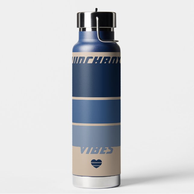 Lunchbox Vibes Retro Beige & Blue Colorway Stripe  Water Bottle (Left)