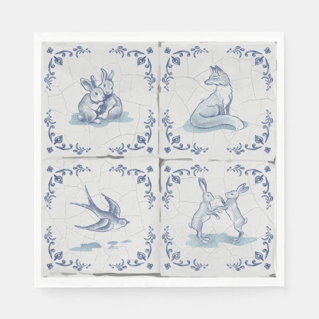Luncheon Napkins Delft Tile Forest Animals (Front)