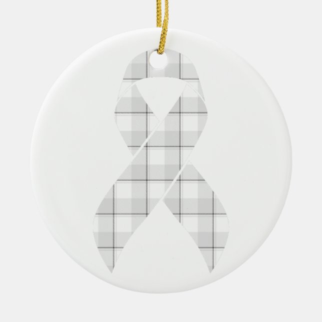 Lung Cancer Awareness Plaid White Ribbon Ceramic Tree Decoration (Front)
