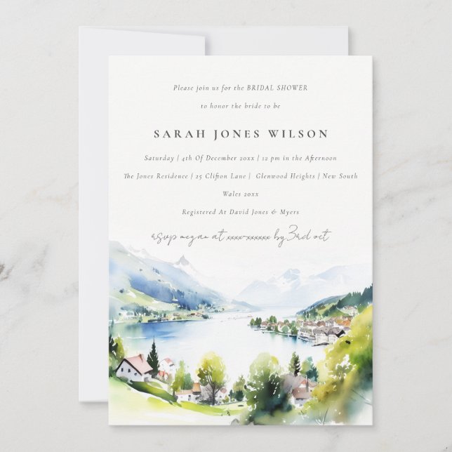 Lungern Switzerland Watercolor Bridal Shower Invitation (Front)