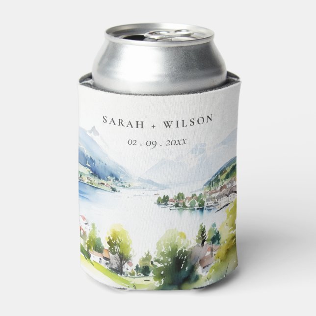 Lungern Switzerland Watercolor Landscape Wedding Can Cooler (Can Front)