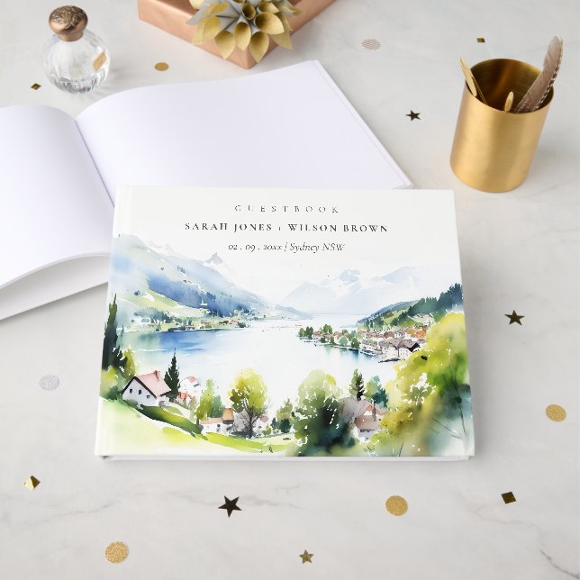 Lungern Switzerland Watercolor Landscape Wedding Guest Book (Front Open)