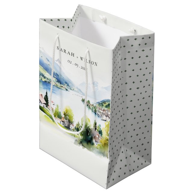 Lungern Switzerland Watercolor Landscape Wedding Medium Gift Bag (Front Angled)